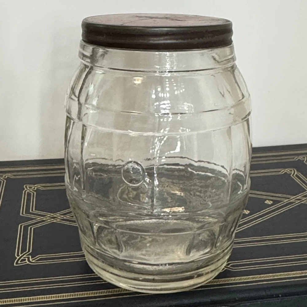 Vintage Glass Barrel Jar Coin Bank